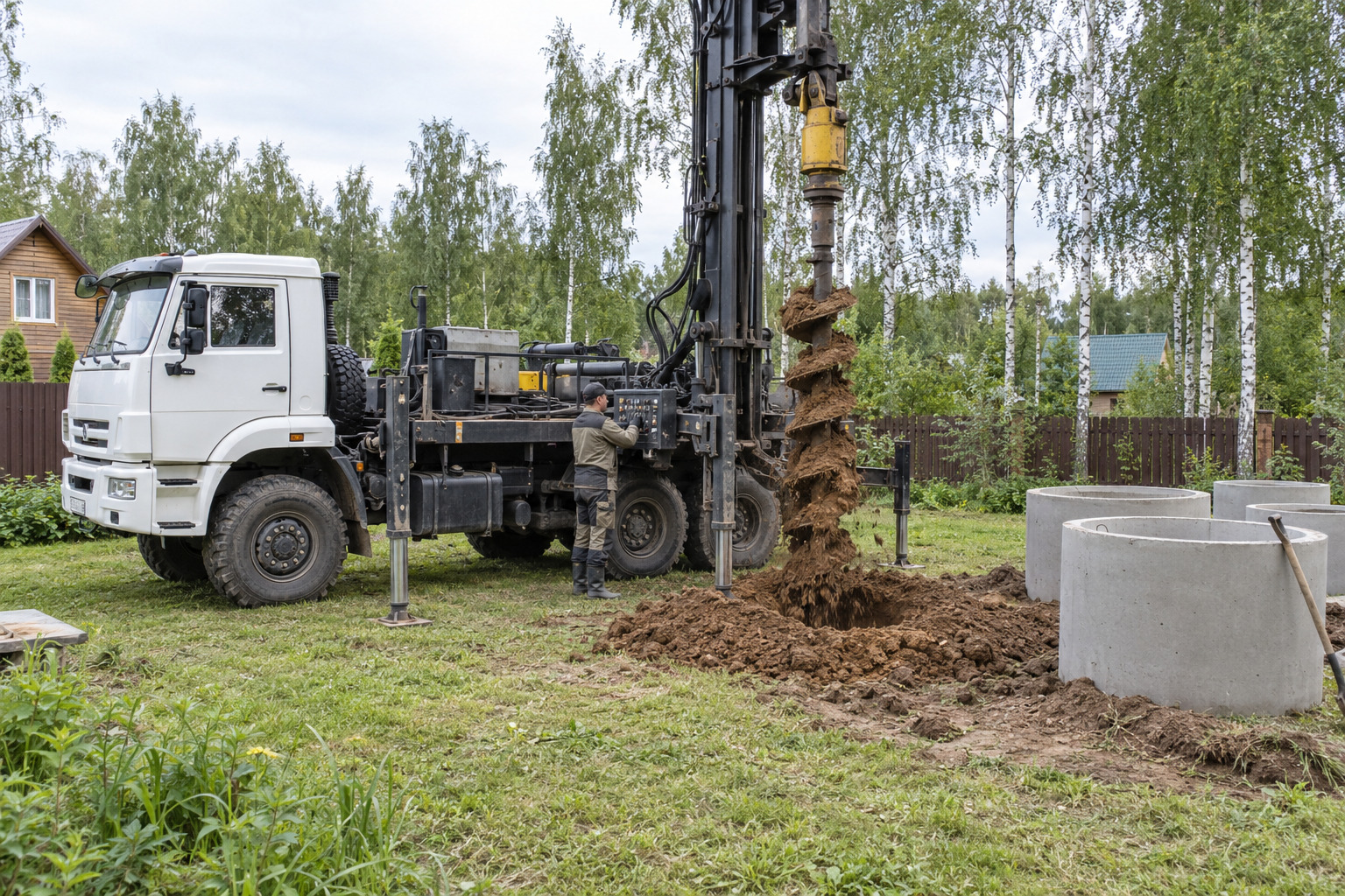 Буровая установка на КАМАЗе бурит ствол под бетонные кольца колодца